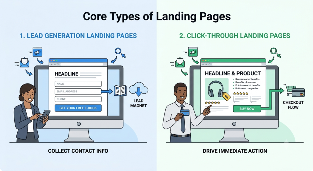 Side-by-side visual comparison of two core landing page types: a lead generation page capturing contact details and a click-through page driving users to checkout