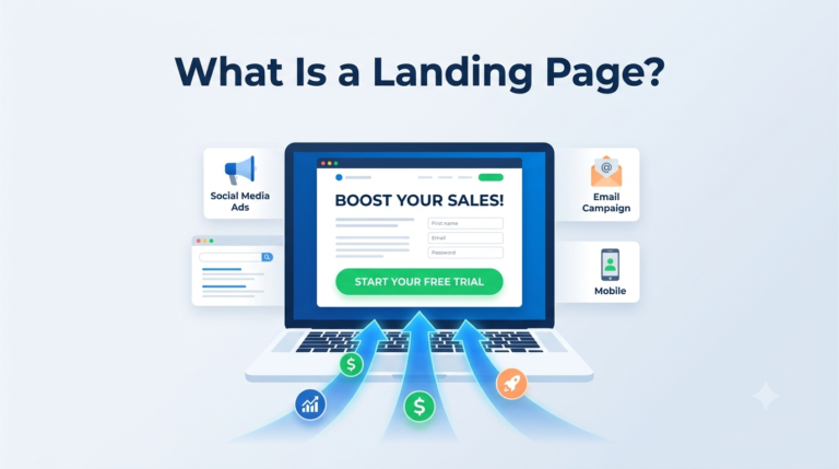 A modern vector illustration of a laptop showing a landing page with traffic arrows pointing to a green Call to Action button
